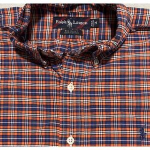 Ralph‎ Lauren Men’s Shirt VTG Polo Oxford Med BIG SHIRT Orange Blue Plaid Cotton